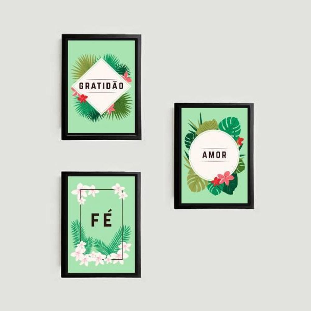 Kit 3 Quadros Amor Fé Gratidão Tropical 33X24Cm Com Vidro