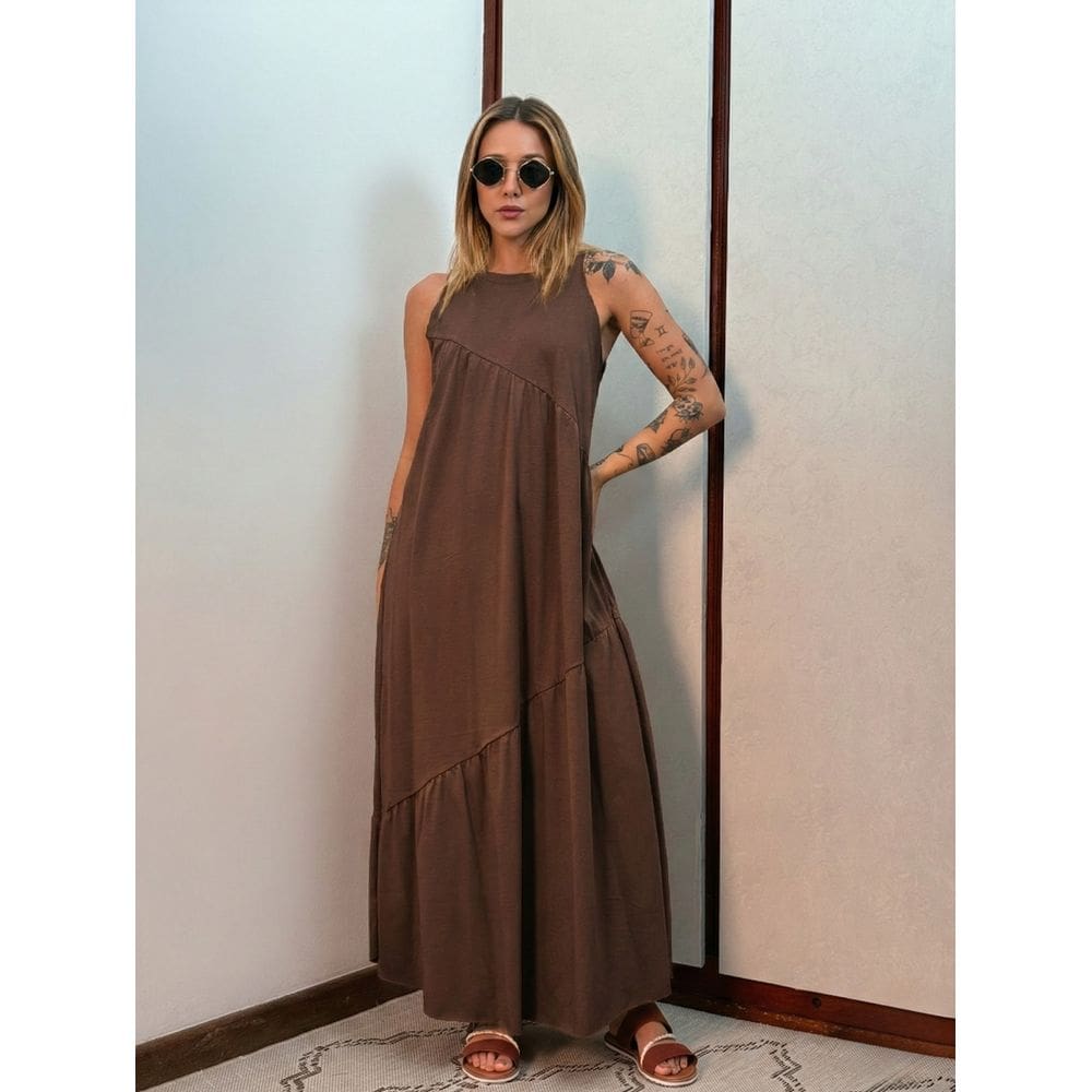 Vestido Longo Feminino Soltinho malha algodão Aveloz Marrom Escuro