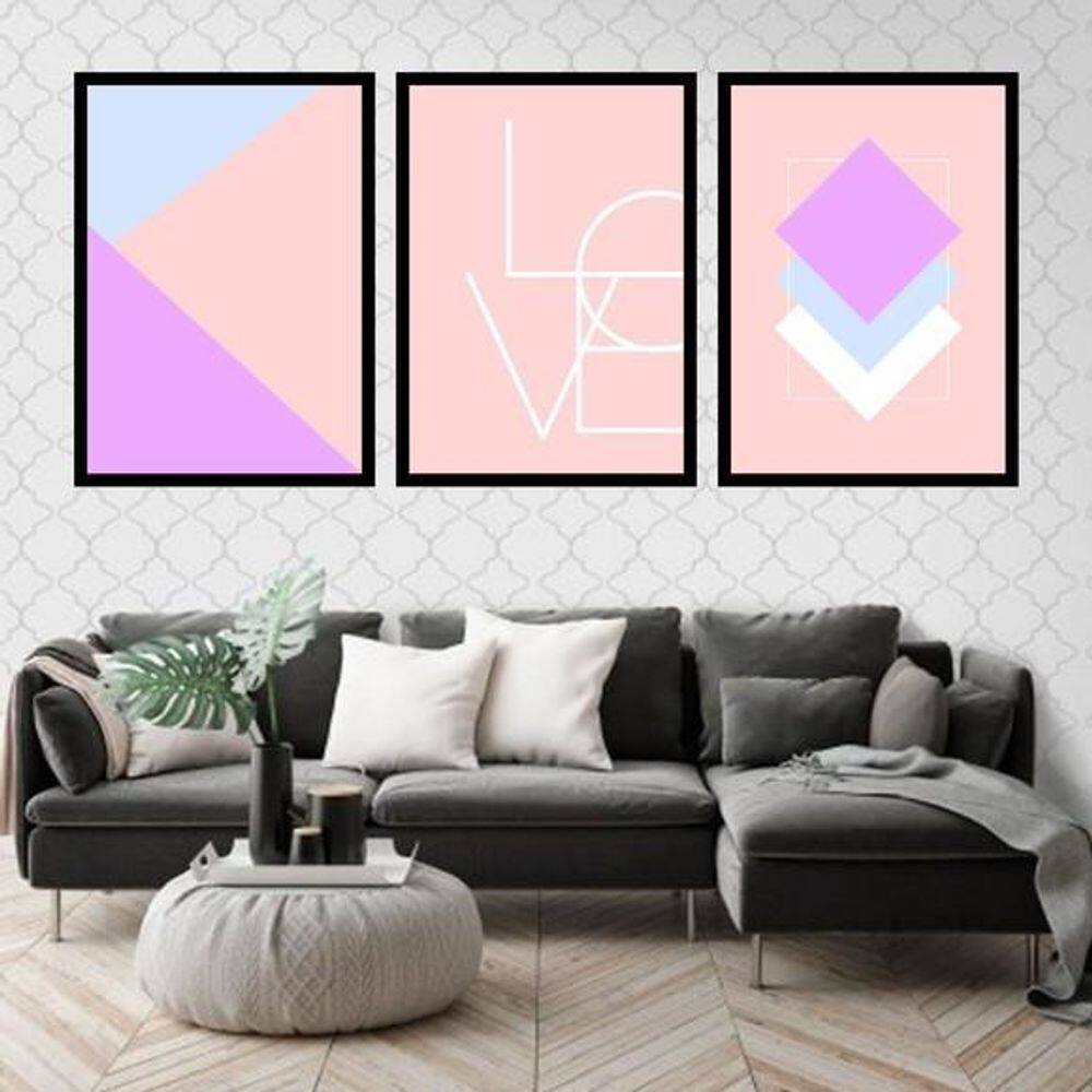 Kit 3 Quadros Geométricos Love Lilás 60X40Cm Moldura Preta