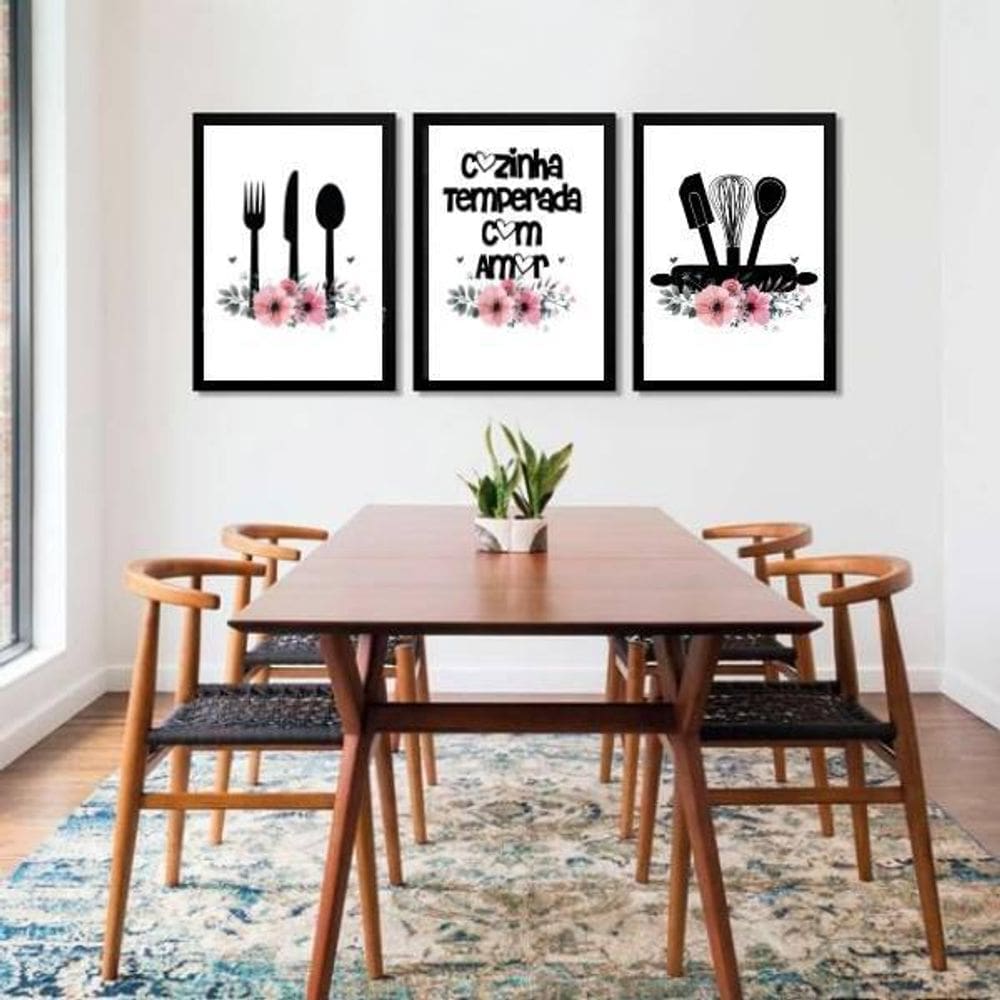 Kit 3 Quadros Cozinha Temperada Com Amor 33X24 C/Vidro Preta
