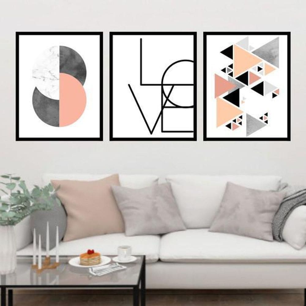 Kit 3 Quadros Decorativos Geométrico Love Triângulos