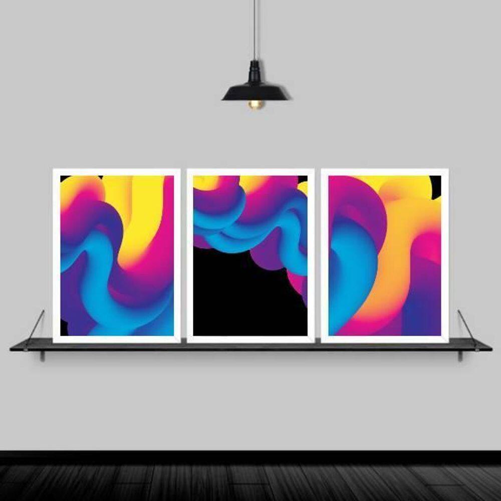 Kit 3 Quadros Ondas Tridimensionais 45X34Cm Moldura Branca