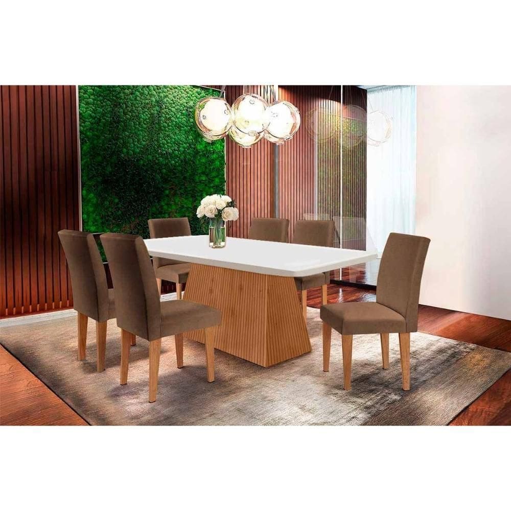Conjunto: Mesa de Cozinha Luna Tampo Madeirado Canto Curvo 180x90cm e 6 Cadeiras Grécia Imbuia/Suede Capuccino - Rufato