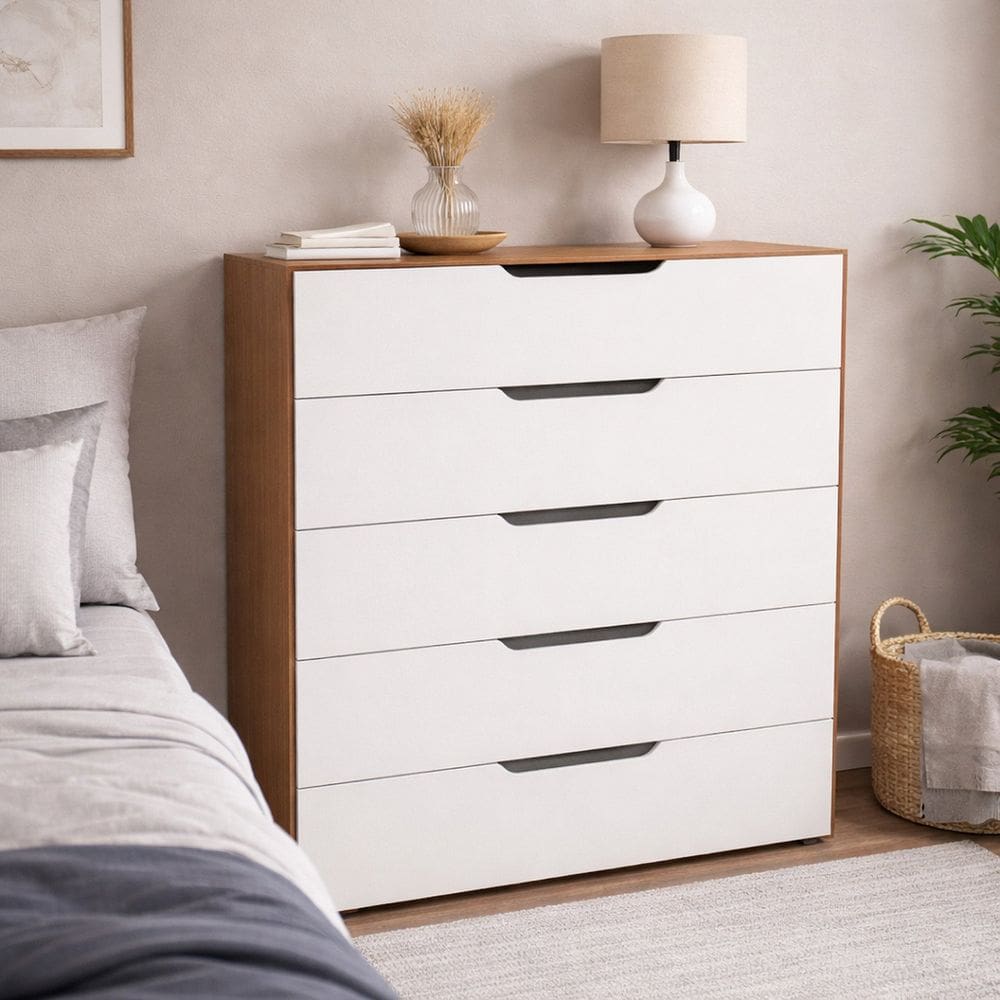 Cômoda para Quarto 5 Gavetas 90cm Madri Branco/Freijó