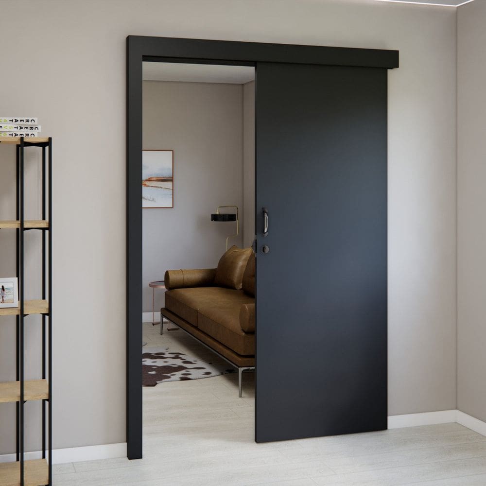 Kit Porta de Madeira de Correr Completa 213cm X 70cm Batente Regulável 20 a 22,5 Incoportas Preto