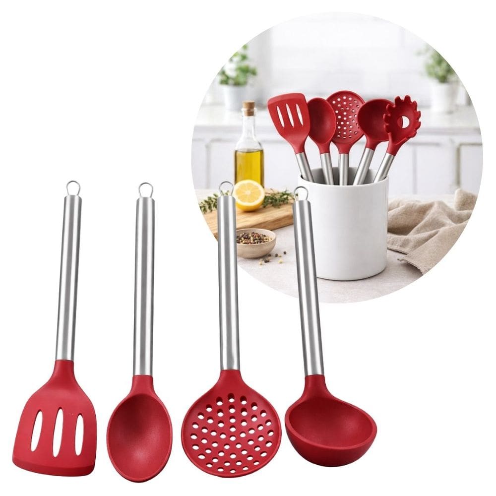 Conjunto 4 Utensílios de Cozinha Silicone Premium Bordô Cabo Inox Elite - Tuut