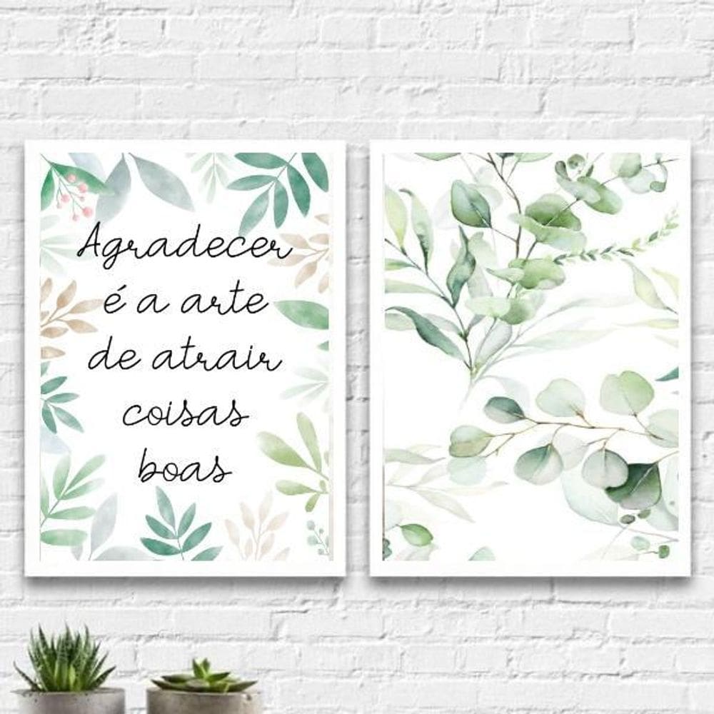 Kit 2 Quadros Aquarela Agradecer 33X24Cm Com Vidro - Branca