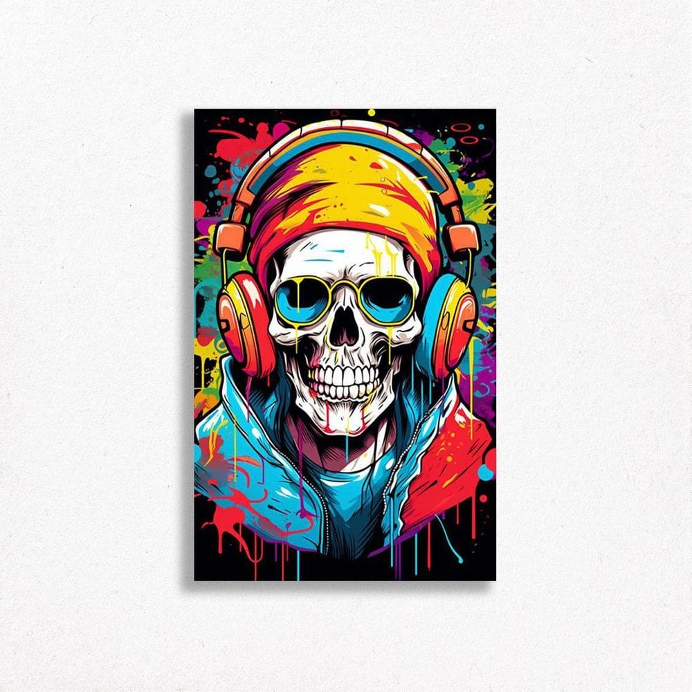Quadro Decorativo Caveira Colorido Fone De Ouvido Graffiti