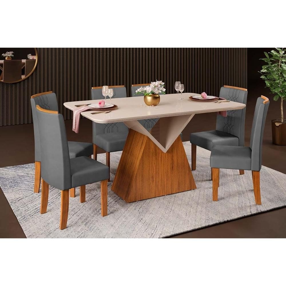 Conjunto: Mesa de Cozinha Argo c/ Tampo Madeirado c/ Vidro Curvo 136x90cm e 6 Cadeiras Zoe Freijo/Off White - Suede Lunar - DJ Móveis