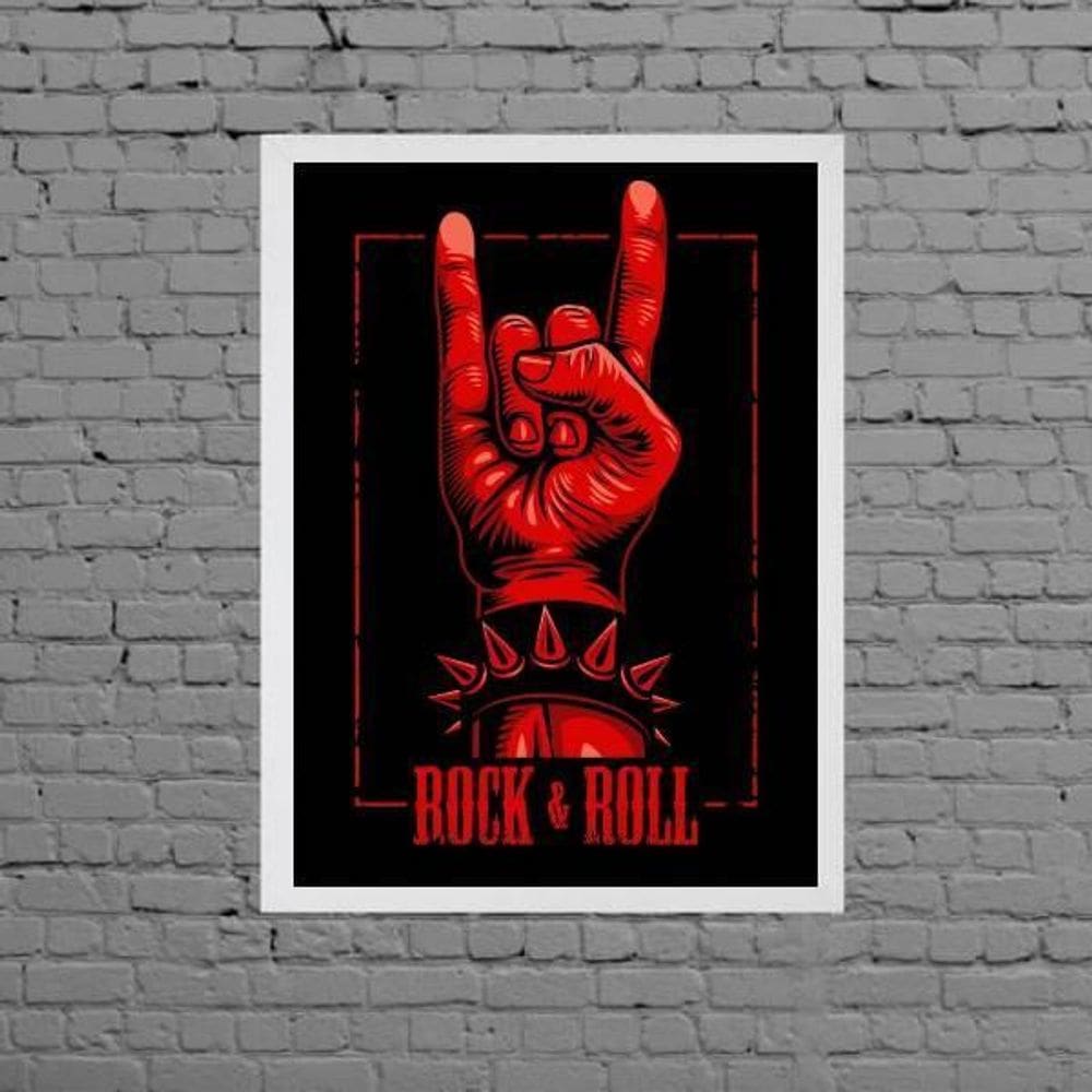 Quadro Símbolo Mão Do Rock Roll 45X34Cm Vidro Moldura Branca