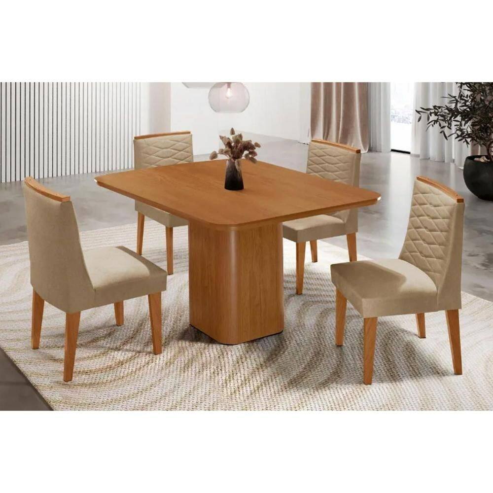 Conjunto: Mesa de Cozinha Maldivas Tampo Curvo 90cm+4 Cadeiras Maldivas Madeira Naturale - Capuccino/Linho Bege - Rufato