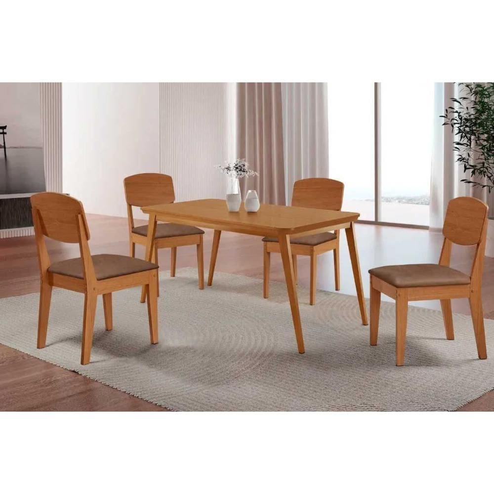 Conjunto: Mesa Sala Jantar Havana Curvo 120cm + 4 Cadeiras Havana Naturale - Corano Capuccino - Rufato