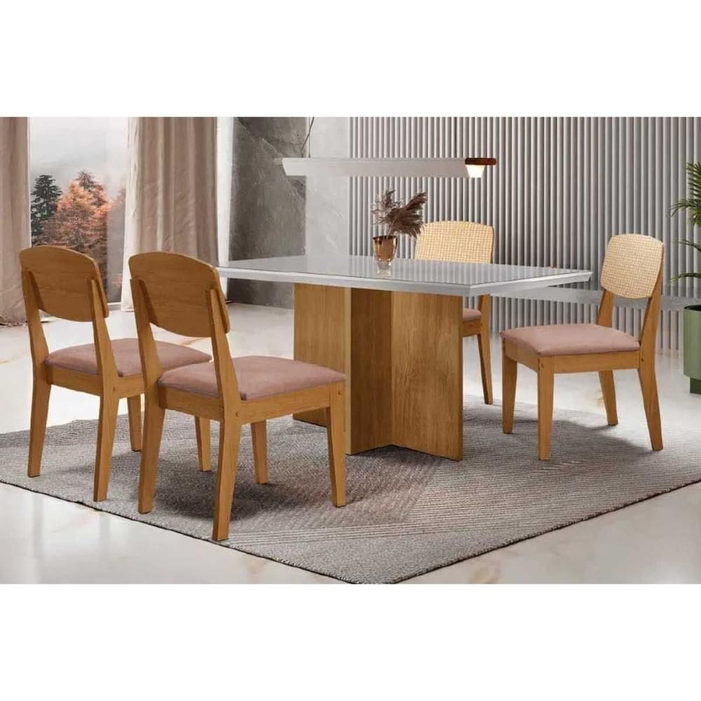 Conjunto: Mesa Sala Jantar Berlim Curvo 120cm + 4 Cadeiras Havana Naturale/Off White - Linho Capuccino - Rufato