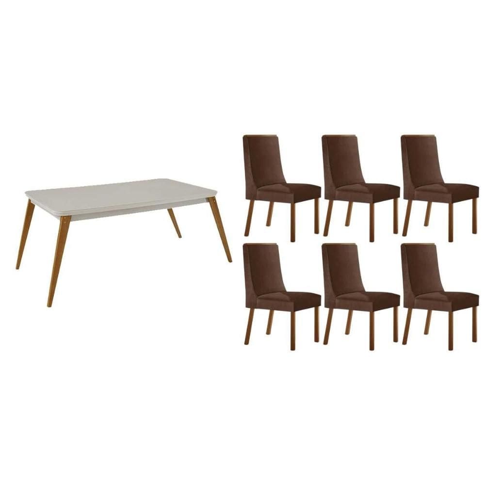 Conjunto: Mesa de Cozinha Havana Curvo 180cm + 6 Cadeiras Dakota Naturale/Off White - Suede Marrom - Rufato