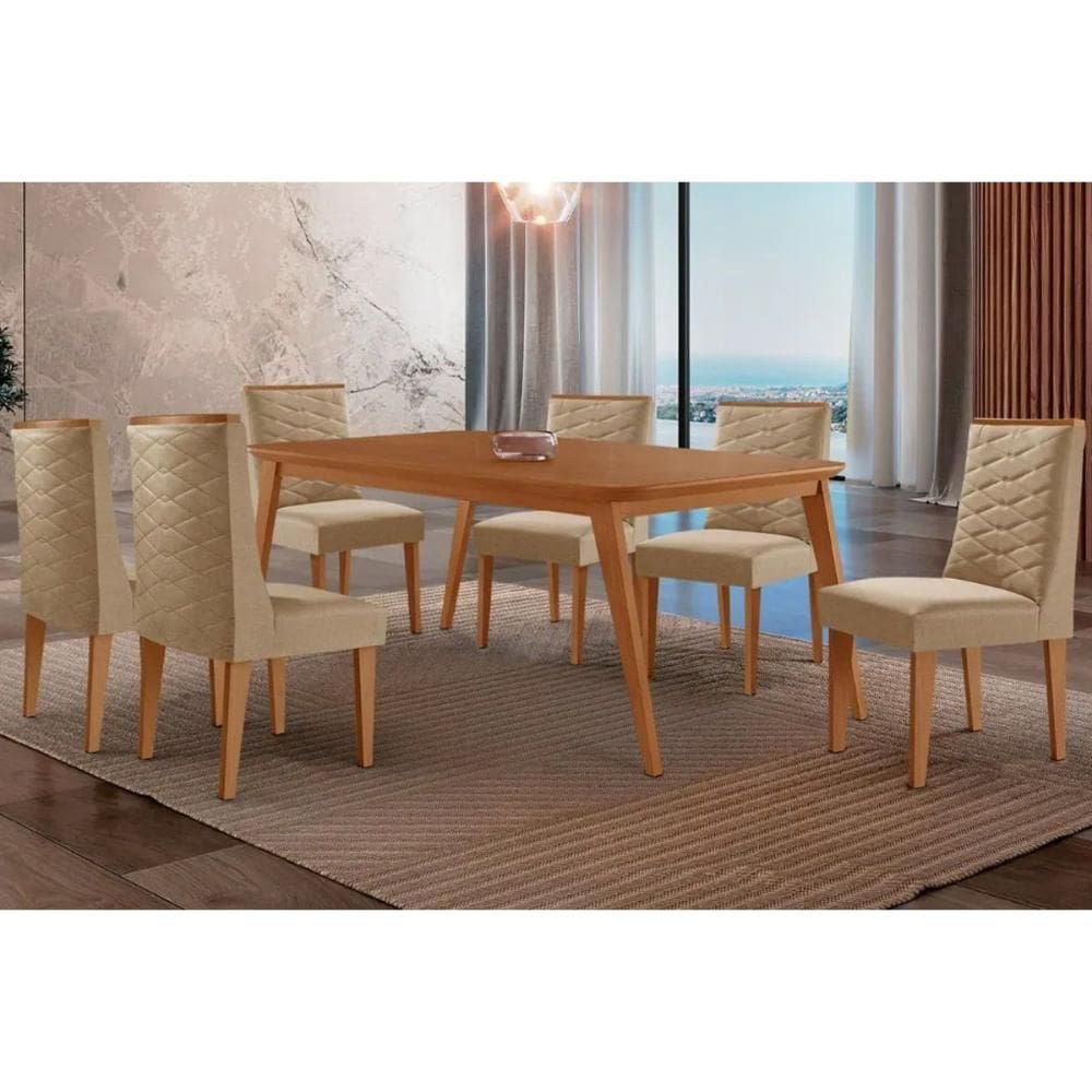 Conjunto: Mesa Sala Jantar Havana Tampo Curvo 180cm+6 Cadeiras Dafne Madeira Naturale - Capuccino/Linho Bege - Rufato