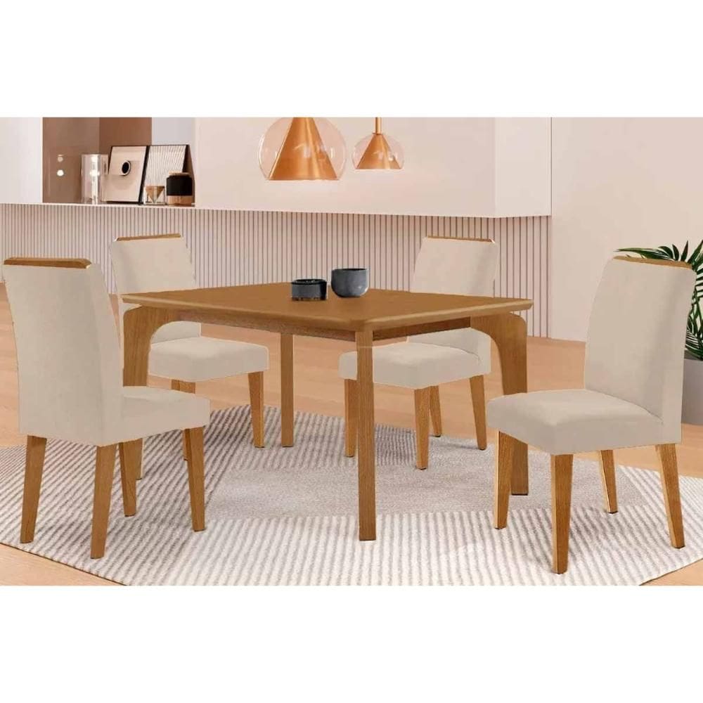 Conjunto: Mesa Sala Jantar Londrina c/ Tampo Madeirado c/ Vidro Canto Curvo 120x80cm 4 Cadeiras Dakota Naturale/Off White - Suede Creme Rufato
