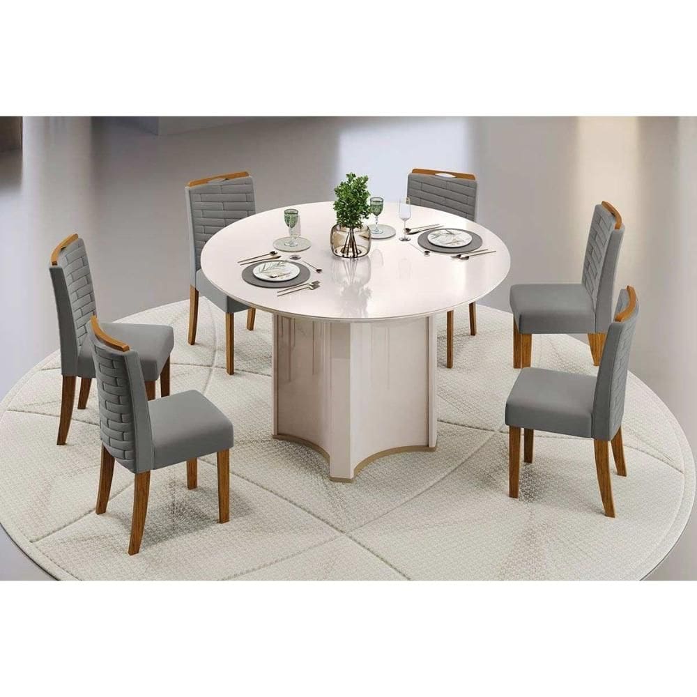Conjunto: Mesa Sala Jantar Chanel c/ Tampo Madeirado c/ Vidro Redondo 136x136cm e 6 Cadeiras Julia Off White - Freijo/Suede Lunar - DJ Móveis