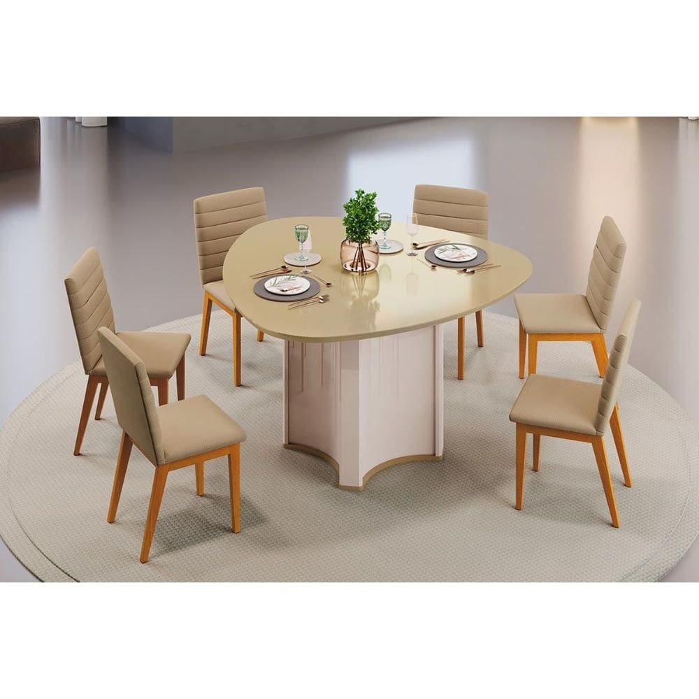 Conjunto: Mesa Sala Jantar Chanel c/ Tampo Madeirado c/ Vidro Orgânico 136x136cm e 6 Cadeiras Sofia Off White/Dourado - Ipe/Linho Bege - DJ Móveis