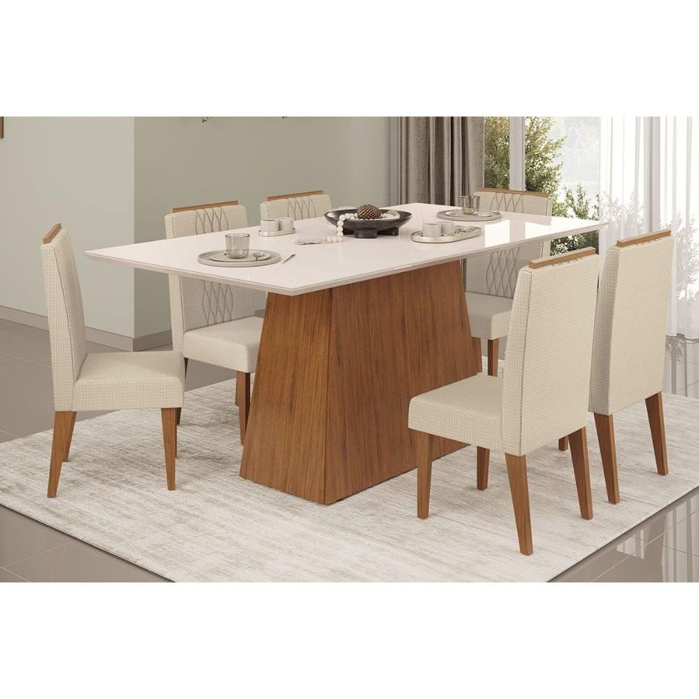 Conjunto: Mesa Sala Jantar Dulce c/ Tampo Madeirado c/ Vidro Reto 180x90cm e 6 Cadeiras Lia Freijo/Off White - Linho Neve DJ Móveis