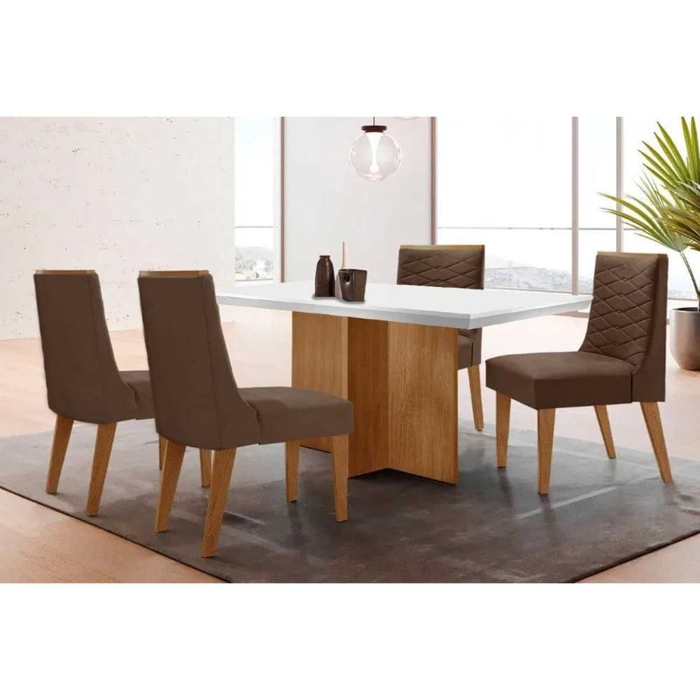 Conjunto: Mesa de Cozinha Berlim Tampo c/ Vidro Curvo 90cm+4 Cadeiras Maldivas Madeira Naturale/Off White - Capuccino/Suede Marrom - Rufato