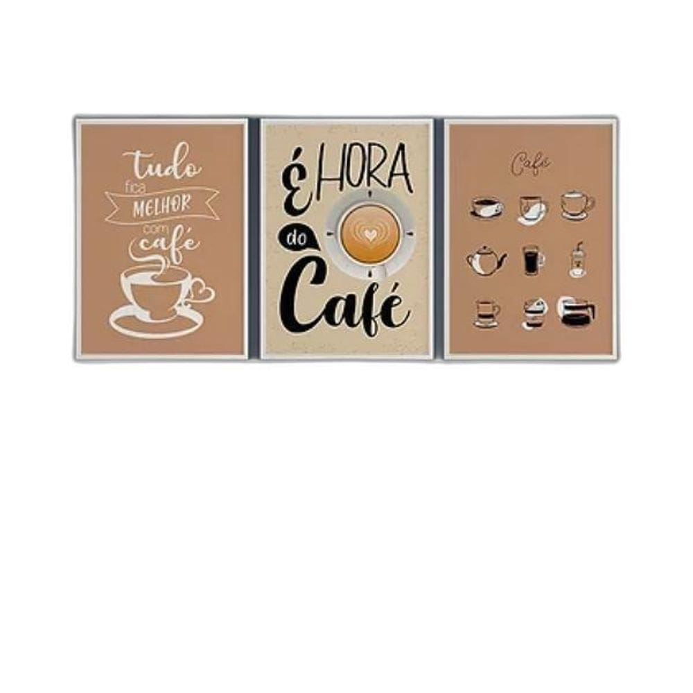 Quadros É Hora Café Moldura Branca Com Vidro 45X34Cm 3 Peças