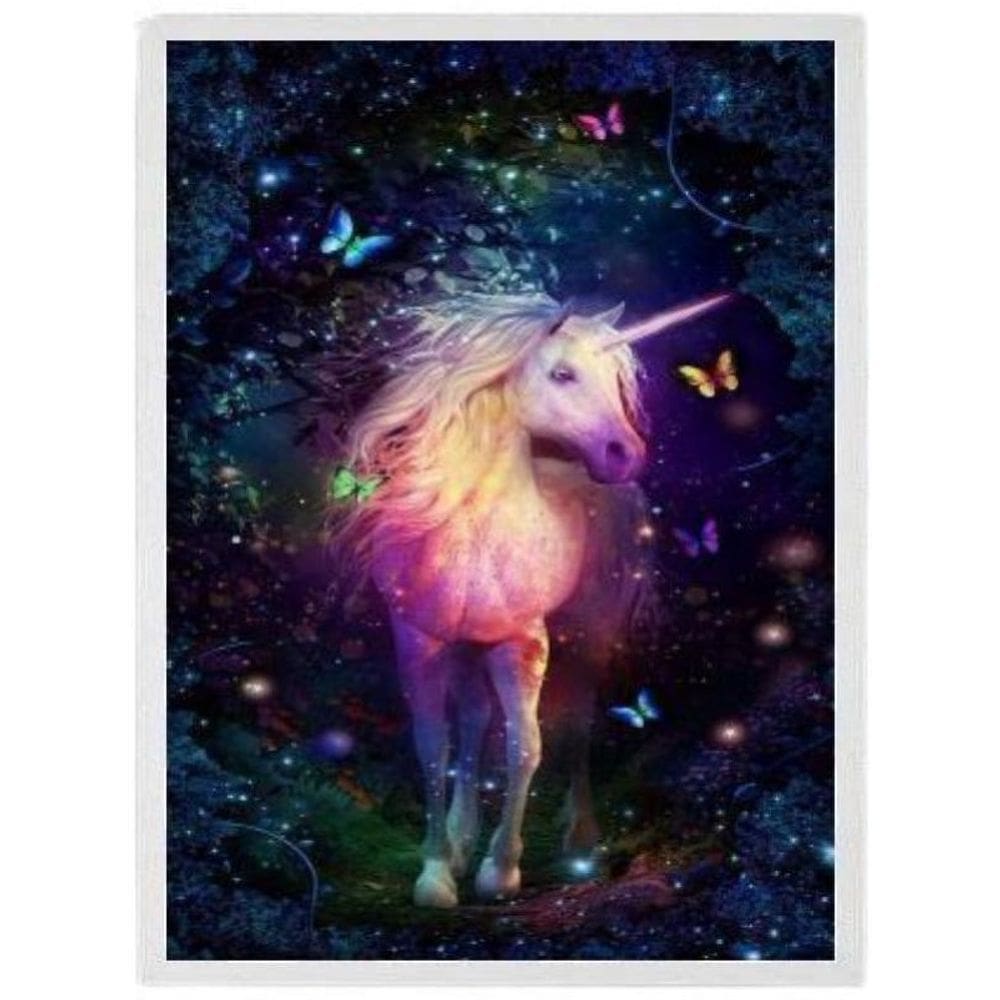 Quadro Unicórnio Mágico Borboletas Moldura Branca 24X18Cm
