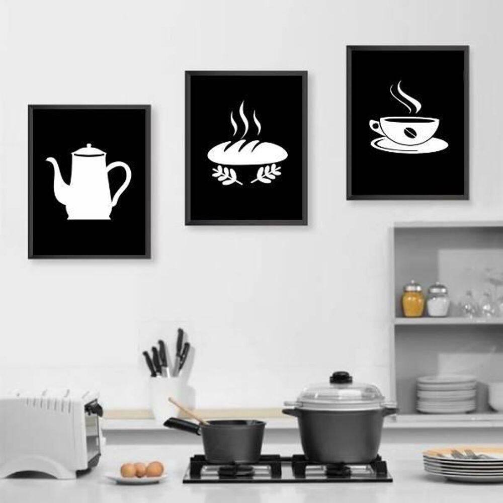 Kit 3 Quadros Time To Coffee 33X24 Com Vidro - Madeira Preta
