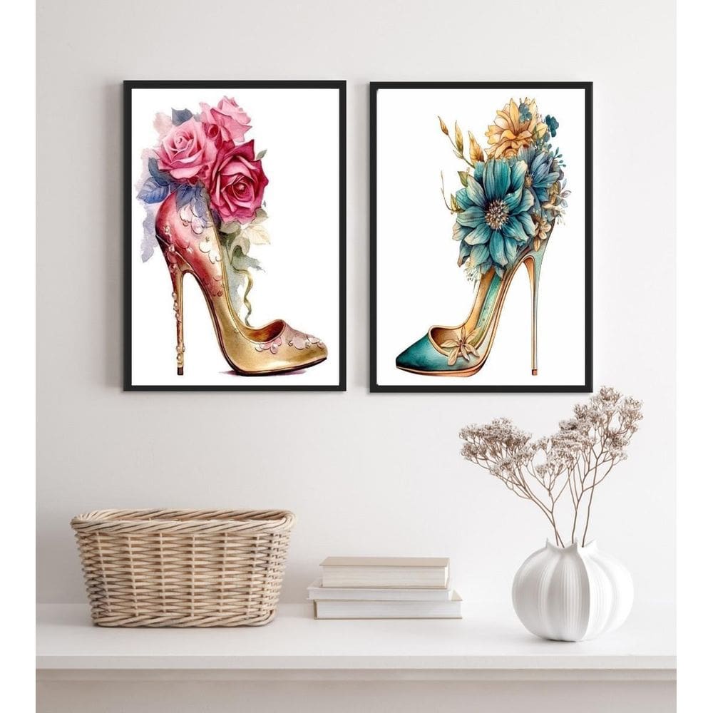 Kit 2 Quadros Sapatos De Salto Com Flores 24X18Cm