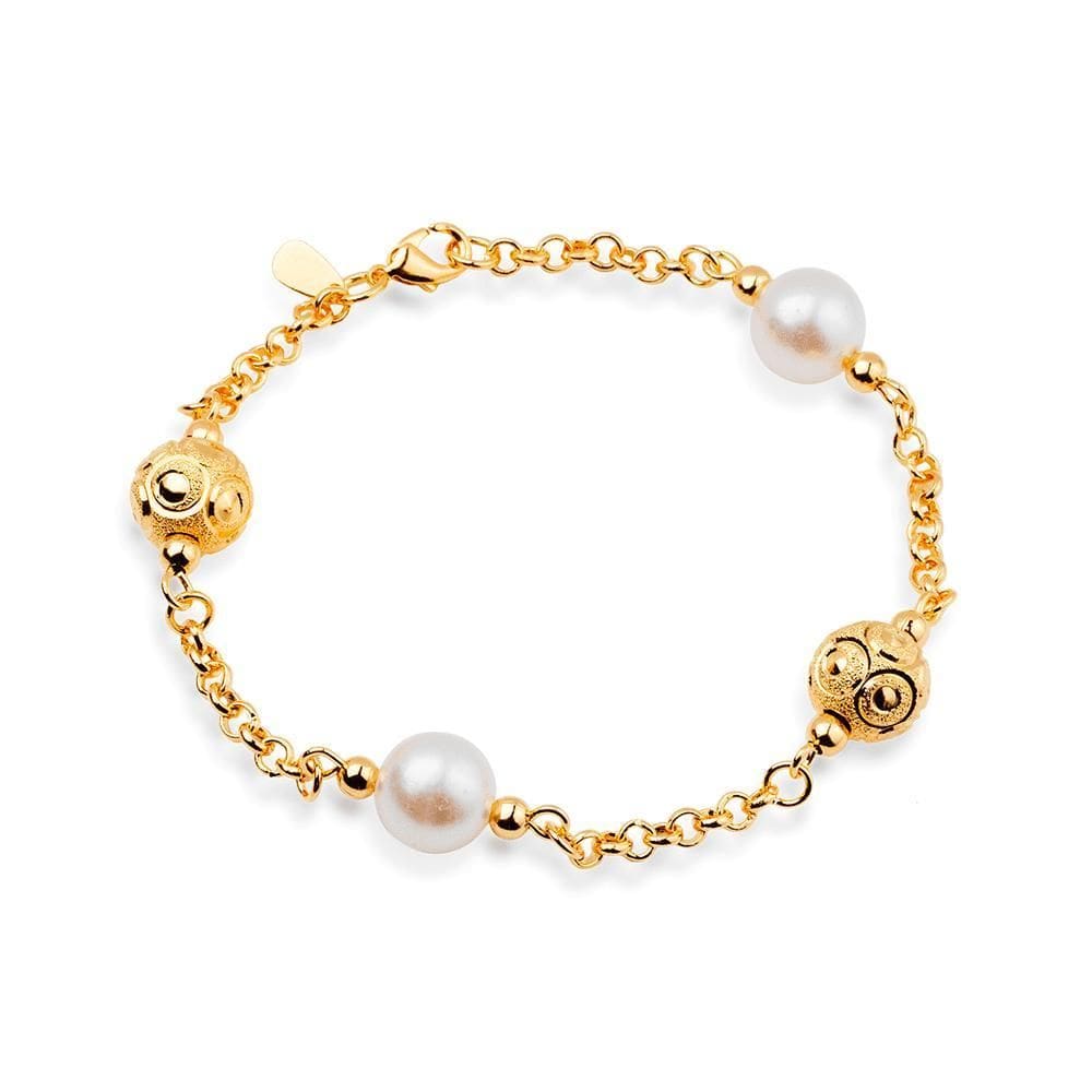 Pulseira Dourada Elo Português Com Pérolas E Vazadas