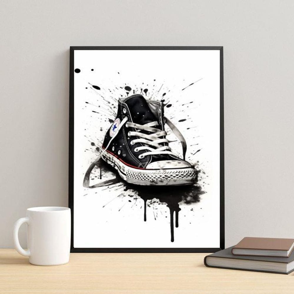 Quadro Aquarela Tênis Cano Alto Preto 33X24Cm