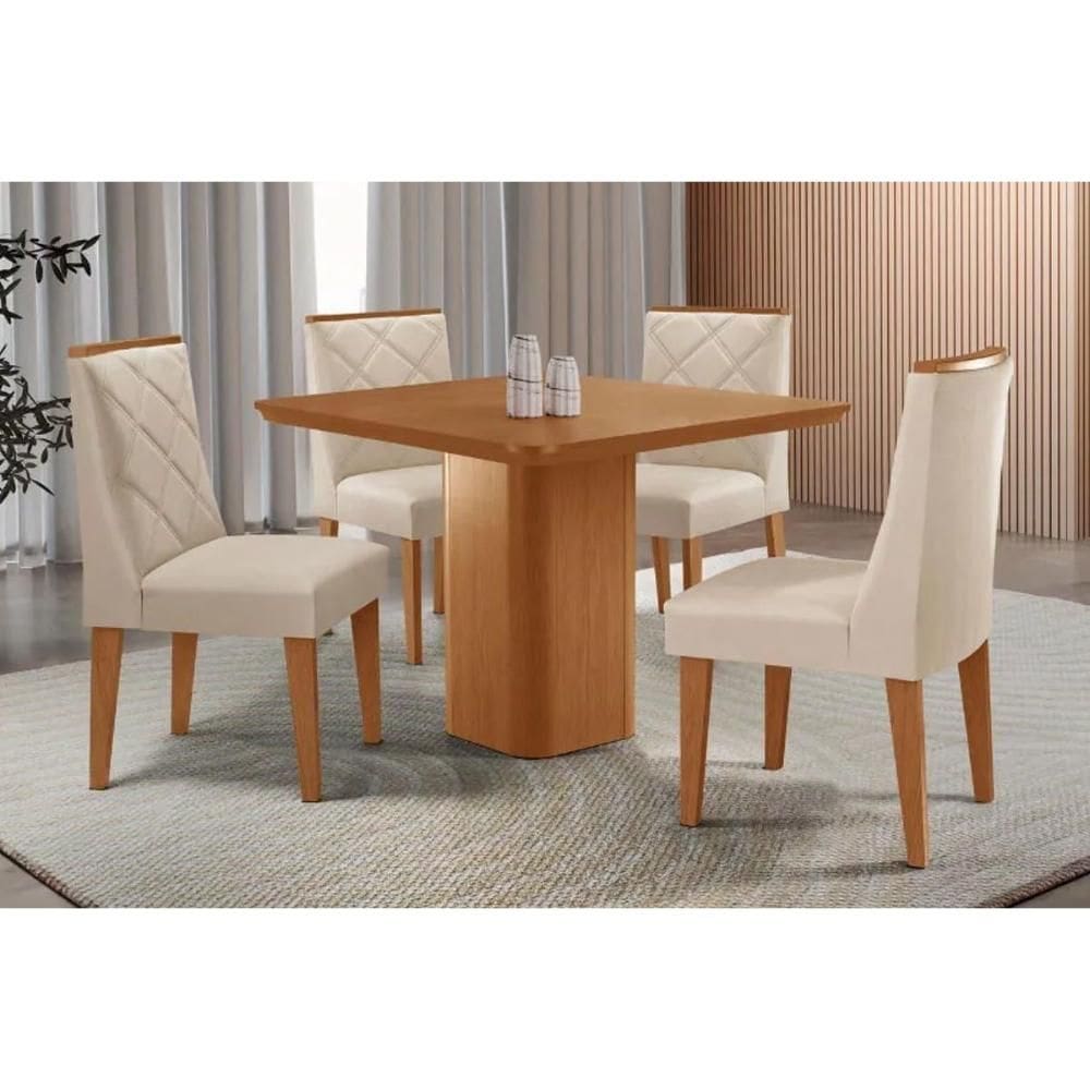 Conjunto: Mesa Sala Jantar Maldivas Tampo Curvo 90cm+4 Cadeiras Pietá Madeira Naturale - Capuccino/Suede Creme - Rufato
