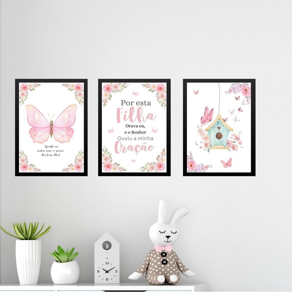 Kit 3 Quadros Infantis Cristãos - Borboleta Rosa 45X34Cm