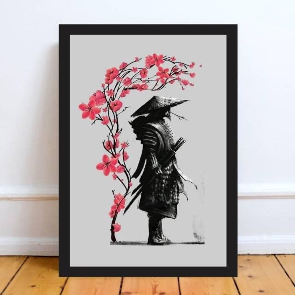 Quadro Arte Japonesa Samurai 24X18 Com Vidro - Madeira Preta