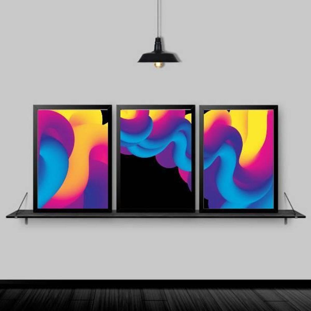 Kit 3 Quadros Ondas Tridimensionais 45X34 C/Vidro - Preta