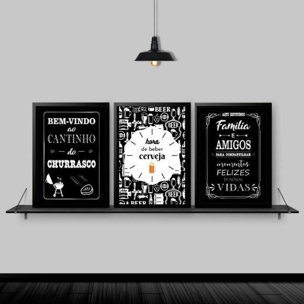 Kit 3 Quadros Hora De Beber Cerveja 24X18Cm - Madeira Preta
