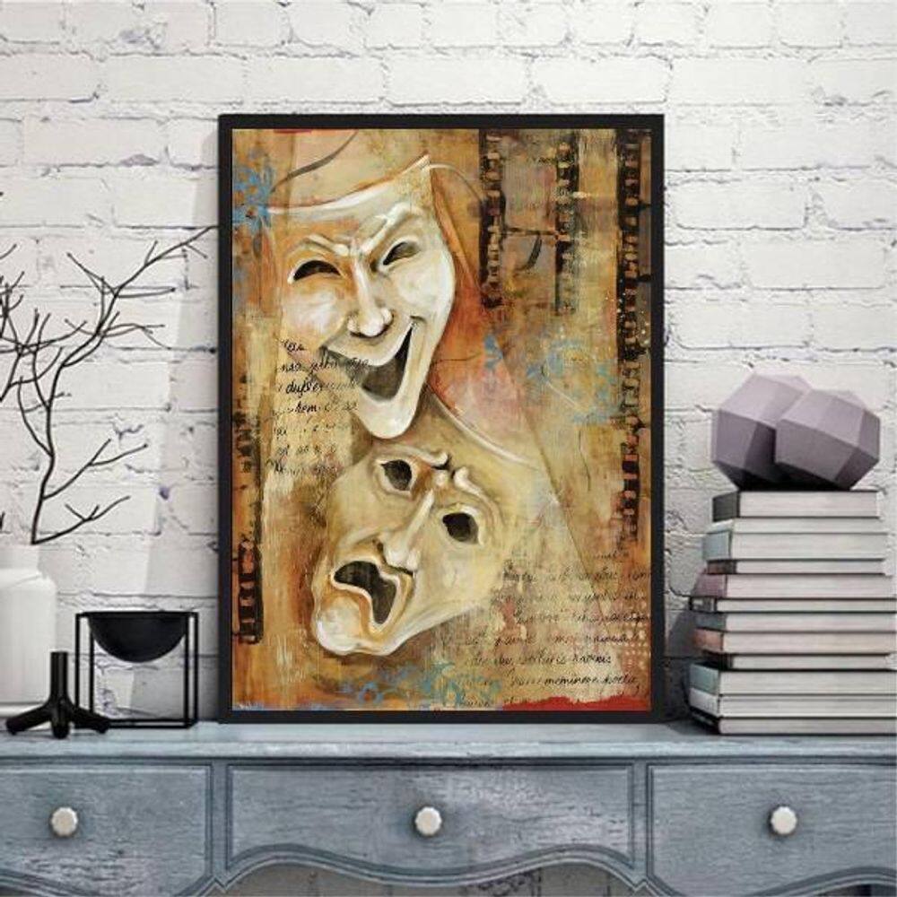 Quadro Máscaras Símbolo Teatro 33X24Cm Moldura Preta