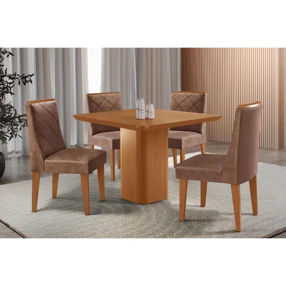 Conjunto: Mesa Sala Jantar Maldivas Tampo Curvo 90cm+4 Cadeiras Pietá Madeira Naturale - Capuccino/Corano Capuccino - Rufato