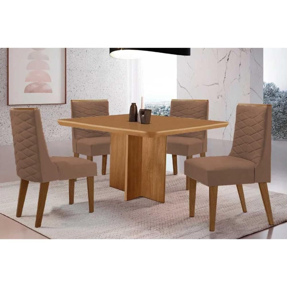 Conjunto: Mesa Sala Jantar Berlim Tampo Curvo 90cm+4 Cadeiras Dafne Madeira Naturale - Capuccino/Corano Capuccino - Rufato