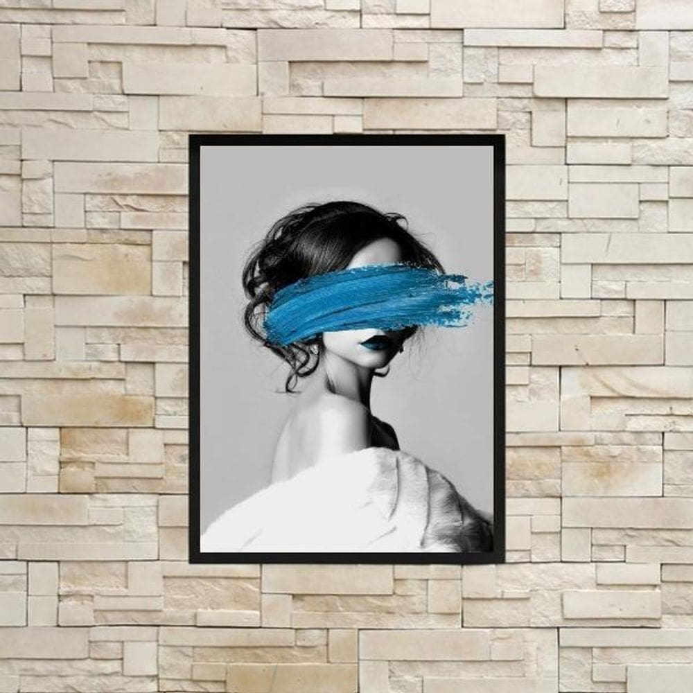 Quadro Mulher Abstrato Azul 33X24Cm Preta