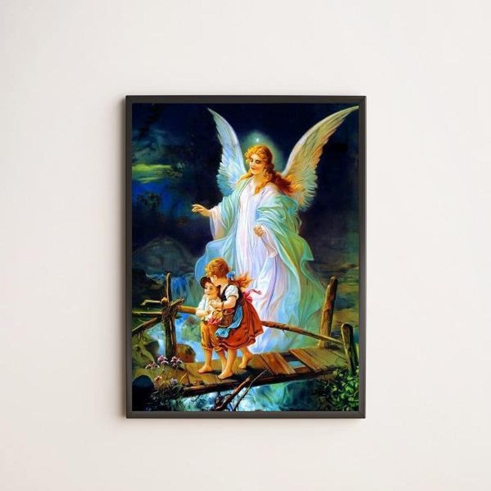 Quadro Anjo Da Guarda Com Crianças 24X18Cm Moldura Preta