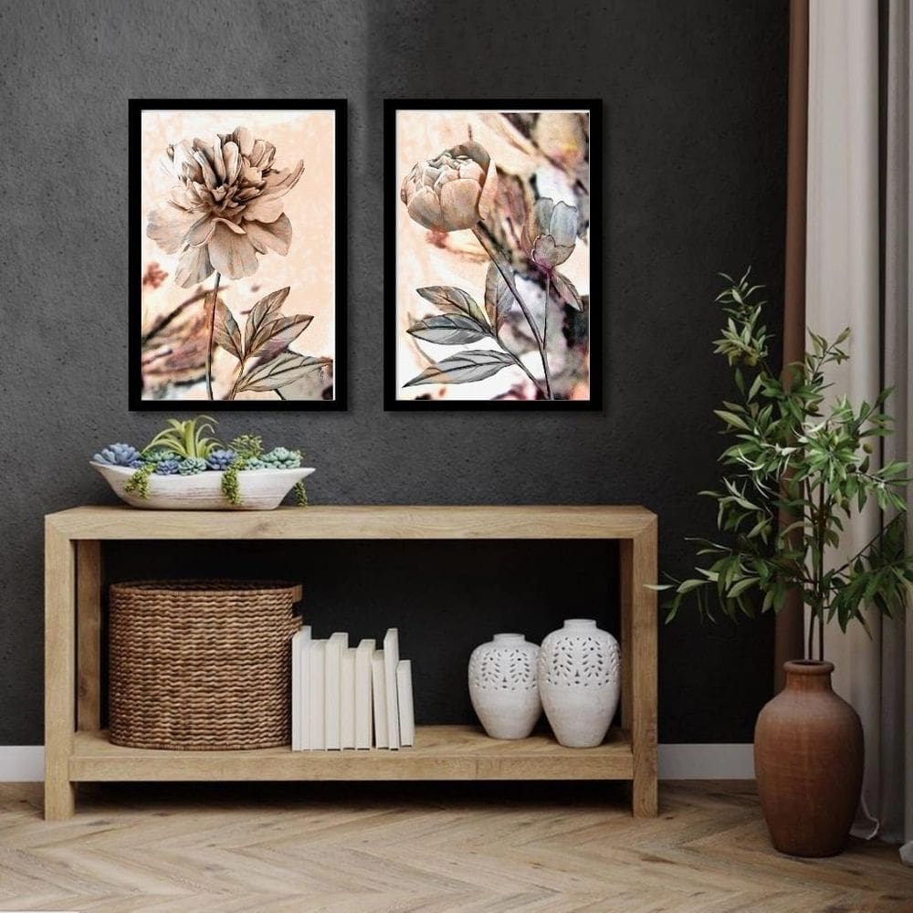 Kit 2 Quadros Sala Quarto Flores Rosadas 33X24Cm