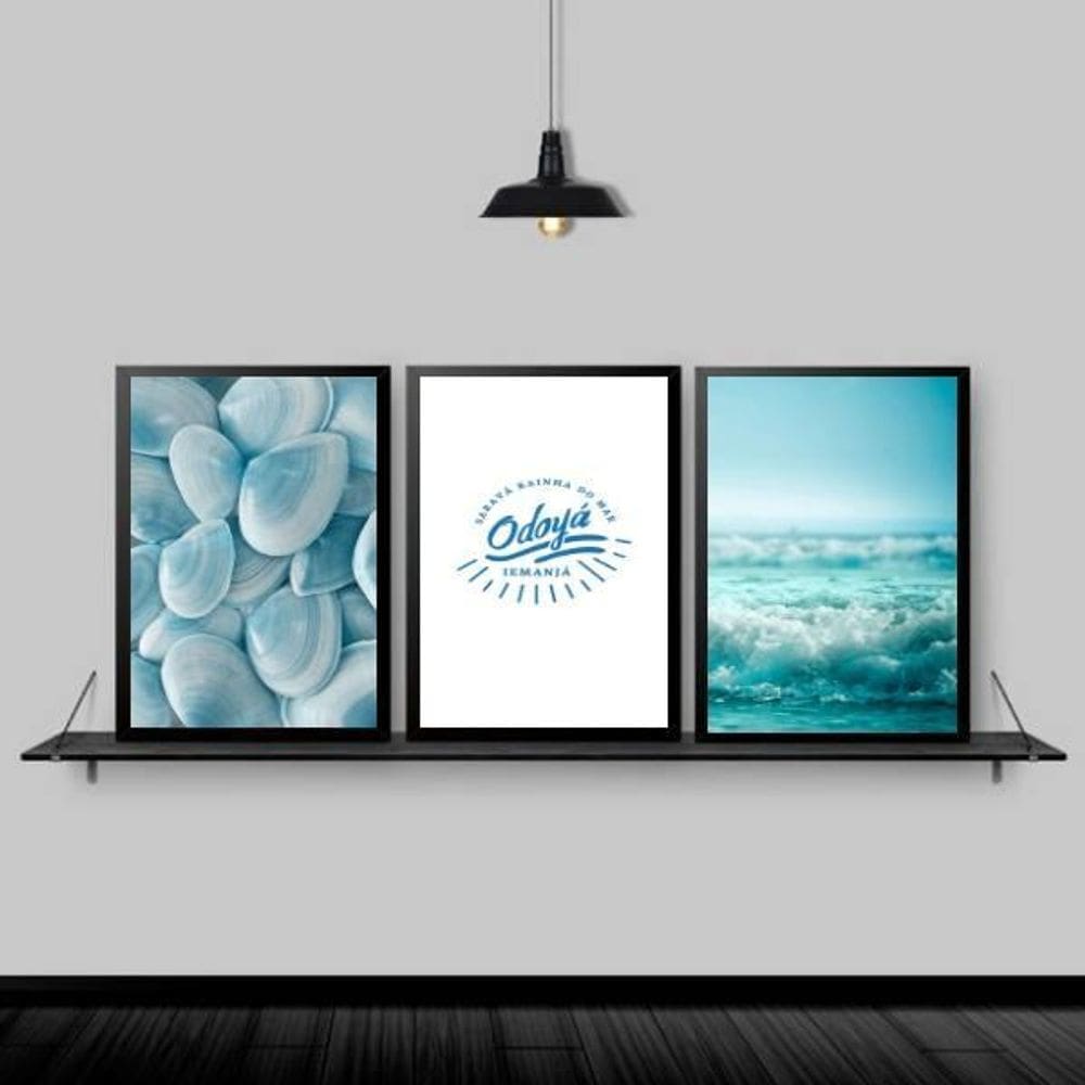 Kit 3 Quadros Mar Odayá Iemanjá 24X18Cm Moldura Preta