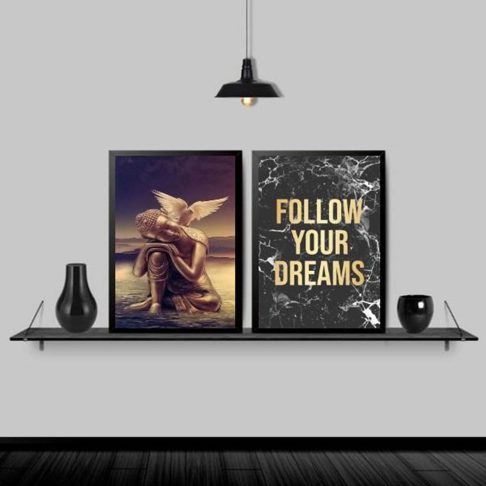 Kit 2 Quadros Buda Asas Follow Your Dreams 33X24 Preta