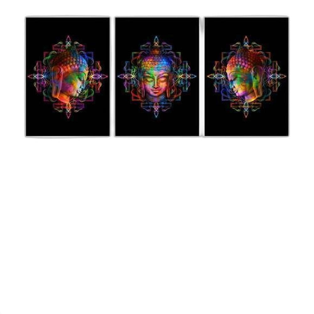 Kit 3 Quadros Buda Colorido Mandala 45X34Cm Moldura Preta