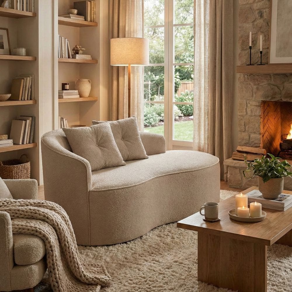 Sofá Orgânico Curvo Feijão Confortável Sala Estúdio Amore Bouclê Bege - Montanari`s Decor