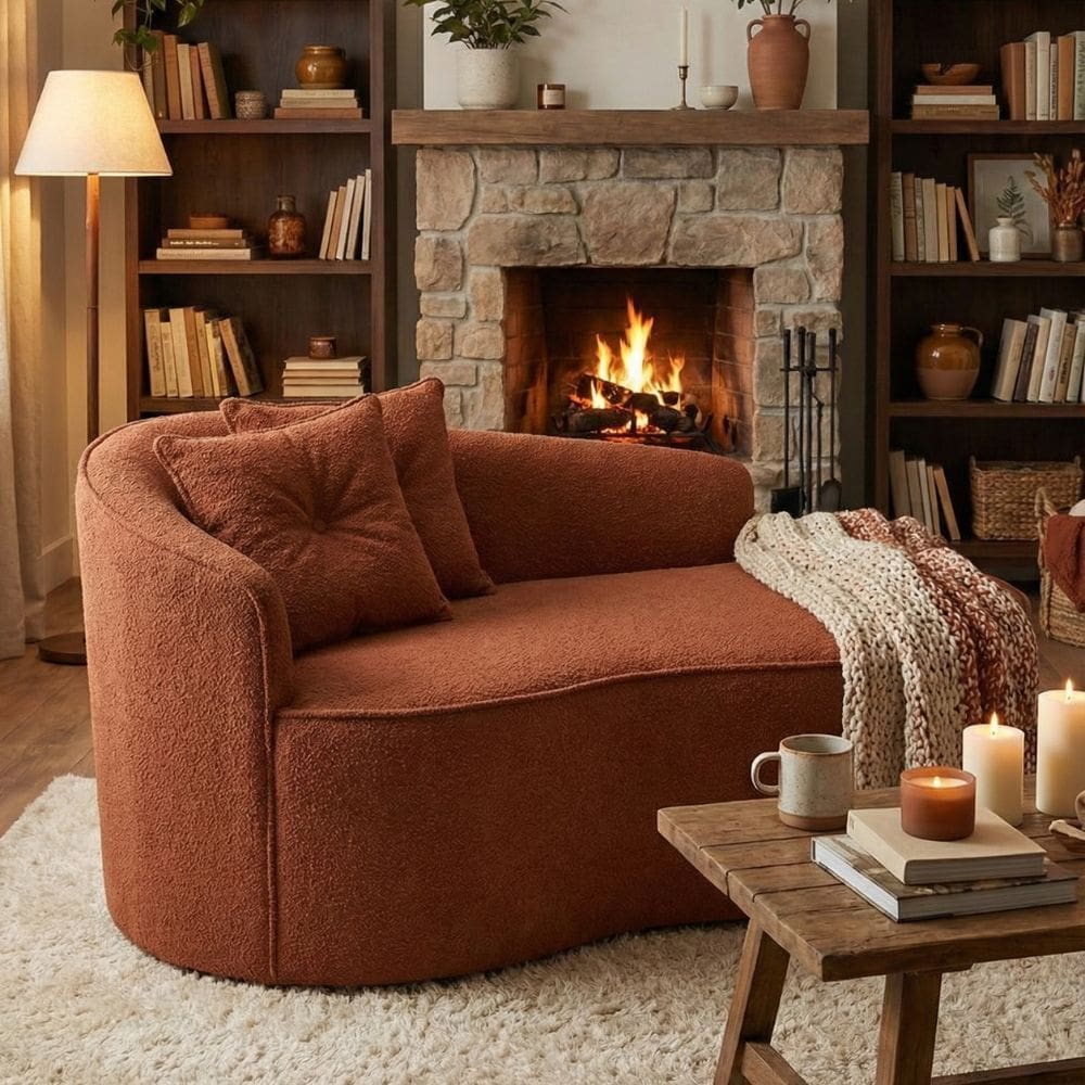 Sofá Orgânico Curvo Feijão Confortável Sala Estúdio Amore Bouclê Terracota - Montanari`s Decor