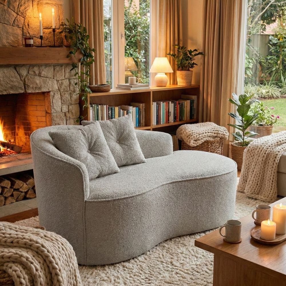 Sofá Orgânico Curvo Feijão Confortável Sala Estúdio Amore Bouclê Cinza Claro - Montanari`s Decor