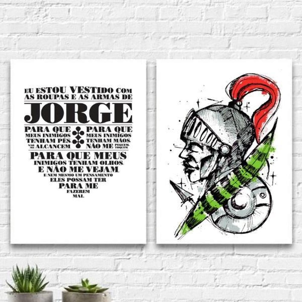 Kit 2 Quadros São Jorge Espada 24x18cm - Moldura Branca