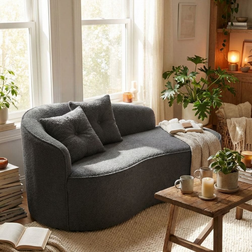Sofá Orgânico Curvo Feijão Confortável Sala Estúdio Amore Bouclê cinza escuro