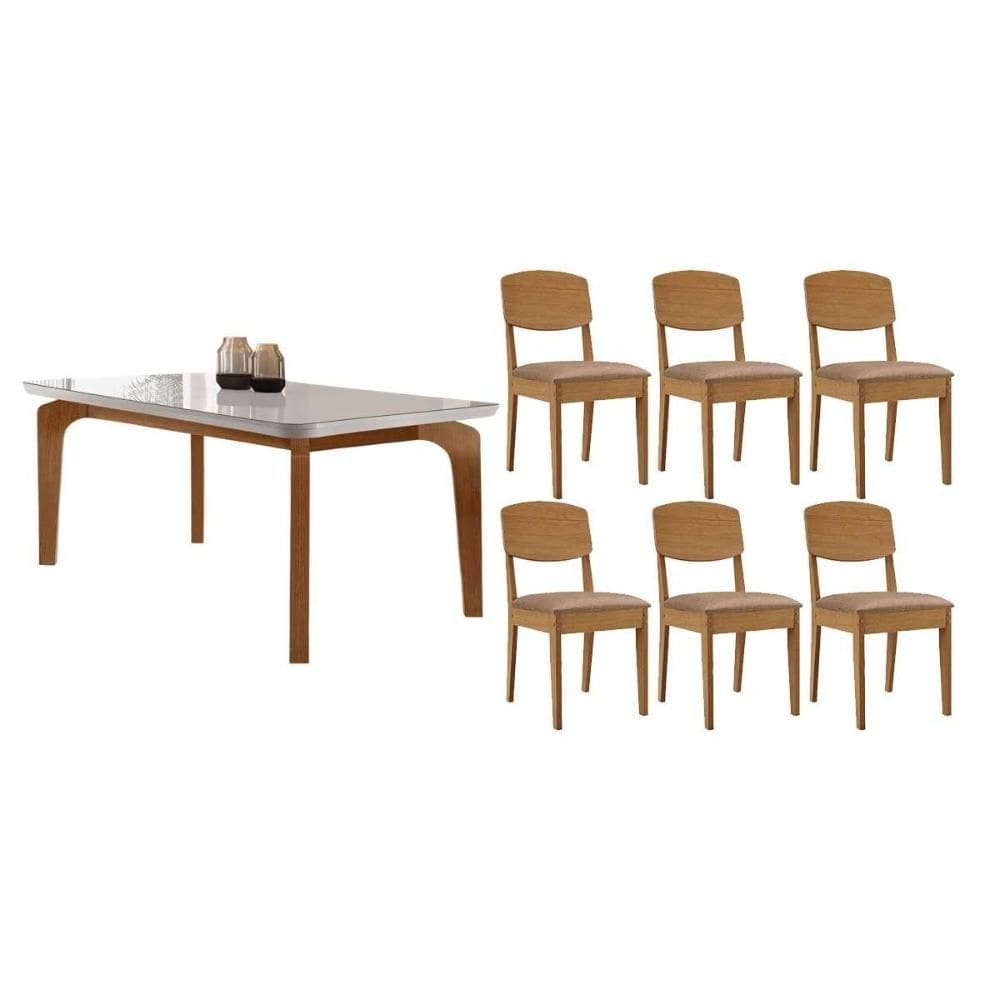 Conjunto: Mesa Sala Jantar Londrina c/ Tampo Madeirado c/ Vidro Canto Curvo 180x90cm e 6 Cadeiras Havana Naturale/Off White - Linho Capuccino Rufato